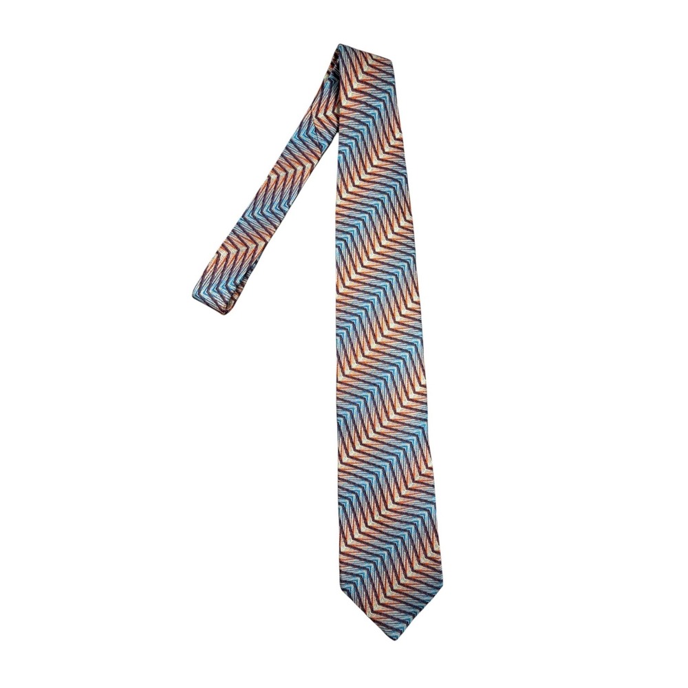 Missoni Cravatte Mens Silk Tie Zig Zag Chevron Geometric Pattern Blue Orange 58"
